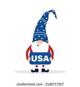 Patriotic american gnome. Cute scandinavian dwarf. Elf celebrate Independence day in the United States. Happy 4th of july. Vector illustration in flat cartoon style. National freedom day.