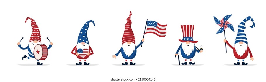 Patriotic american gnomes celebrate Independence day in the United States. Set of cute scandinavian elves with flag, pinwheel and drum. National freedom day. Vector illustration in flat cartoon style.