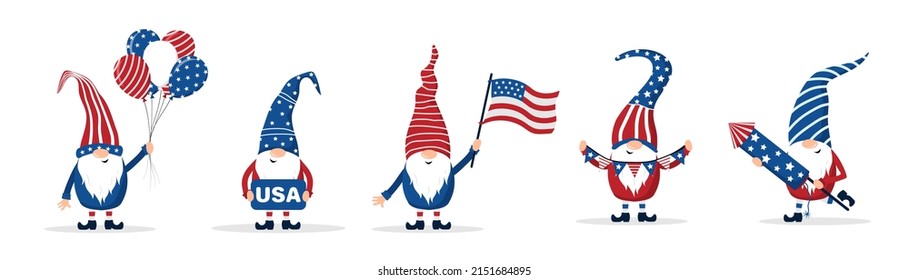 Patriotic american gnomes celebrate Independence day in the United States. Set of cute scandinavian elves with firework, balloons and flag. Happy 4th of july. Vector illustration in cartoon style.