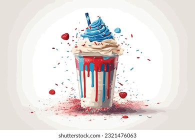 Patriotic American milkshake loaded with sweet cherry and cream. 4th July concept. Vector art illustration.