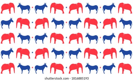 Patriotic american pattern. Donkeys and elephants with stars on white background. American banner. Vector elements for Election. Backdrop