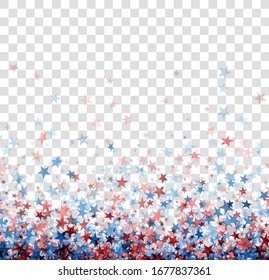 Patriotic american red and blue stars confetti. Transparent background, vector illustration.