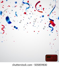 Patriotic American red, white and blue Fourth of July design with in with confetti over a white background