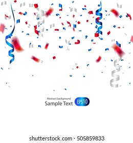 Patriotic American red, white and blue Fourth of July design with in with confetti over a white background