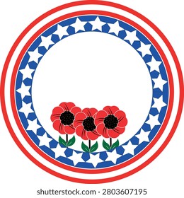 Patriotic American Round Frame Border with Red Poppy Flowers and United States Flag Blue Star Cantons Decoration