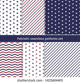 Patriotic American seamless patterns set with stripes and stars in traditional red, blue and white colors. Independence Day 4th July celebration concept. Geometric seamless patterns collection.
