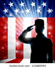 A patriotic American soldier standing and saluting in front of a flag background