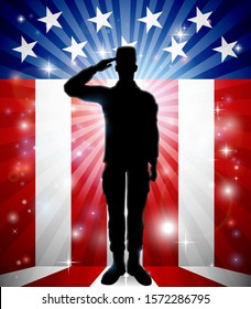 A patriotic American soldier standing and saluting in front of a flag background