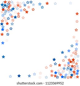 patriotic american stars confetti corner. USA Presidents day banner background. White and Red 4th of July Stars sparkles isolated on Blue. july fourth backdrop Vector Illustration,