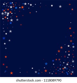 patriotic american stars confetti corners. USA Presidents day banner background. White and Red 4th of July Stars sparkles isolated on Blue. july fourth backdrop Vector Illustration,