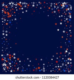 patriotic american stars confetti corners. USA Presidents day banner background. White and Red 4th of July Stars sparkles isolated on Blue. july fourth backdrop Vector Illustration,