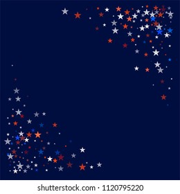 patriotic american stars confetti corners. USA Presidents day banner background. White and Red 4th of July Stars sparkles isolated on Blue. july fourth backdrop Vector Illustration,