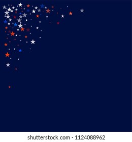 patriotic american stars confetti corners. USA Presidents day banner background. White and Red 4th of July Stars sparkles isolated on Blue. july fourth backdrop Vector Illustration,