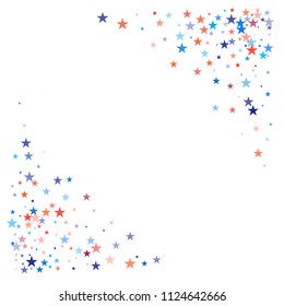 patriotic american stars confetti corners. USA Presidents day banner background. Blue and Red 4th of July Stars sparkles isolated on white. july fourth backdrop Vector Illustration,