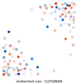 patriotic american stars confetti corners. USA Presidents day banner background. White and Red 4th of July Stars sparkles isolated on Blue. july fourth backdrop Vector Illustration,