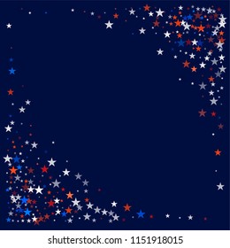 patriotic american stars confetti corners. USA Presidents day banner background. White and Red 4th of July Stars sparkles isolated on Blue. july fourth backdrop Vector Illustration,
