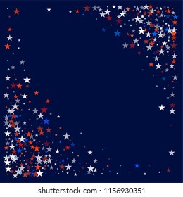 patriotic american stars confetti corners. USA Presidents day banner background. White and Red 4th of July Stars sparkles isolated on Blue. july fourth backdrop Vector Illustration,