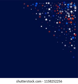 patriotic american stars confetti corners. USA Presidents day banner background. White and Red 4th of July Stars sparkles isolated on Blue. july fourth backdrop Vector Illustration,