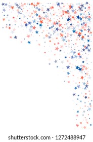 patriotic american stars confetti corners. USA Presidents day banner background. Blue and Red 4th of July Stars sparkles isolated on white. july fourth backdrop Vector Illustration,