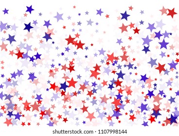 Patriotic American stars confetti on white. USA Independence Day banner background vector illustration. Blue and red 4th of July Independence American sparkle stars flying isolated on white.