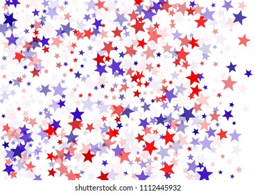 Patriotic American stars confetti on white. USA Independence Day banner background vector illustration. Blue and red 4th of July Independence American sparkle stars flying isolated on white.