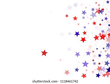 Patriotic American stars confetti on white. USA Independence Day banner background vector illustration. Blue and red 4th of July Independence American sparkle stars flying isolated on white.