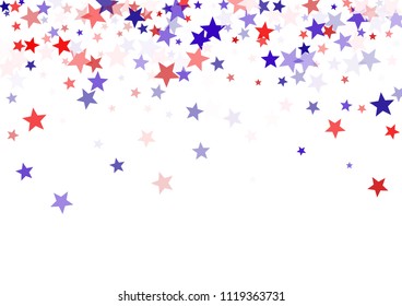Patriotic American stars confetti on white. USA Independence Day banner background vector illustration. Blue and red 4th of July Independence American sparkle stars flying isolated.