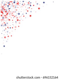 patriotic american stars confetti. square backdrop Vector Illustration for Celebration Holiday, Blue and Red stars sparkles isolated on white. USA banner corner background.