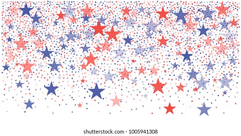 patriotic american stars confetti. USA Presidents day banner background. backdrop Vector Illustration, Blue and Red 4th of July Stars sparkles isolated on white.