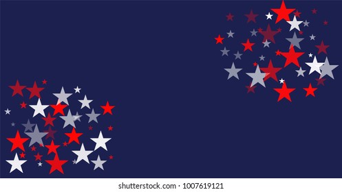 patriotic american stars confetti. USA Presidents day banner background. backdrop Vector Illustration, Blue and Red 4th of July Stars sparkles isolated on white. 