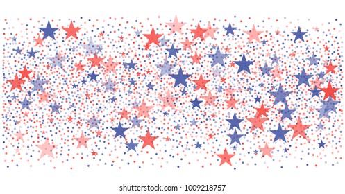 patriotic american stars confetti. USA Presidents day banner background. backdrop Vector Illustration, Blue and Red 4th of July Stars sparkles isolated on white.