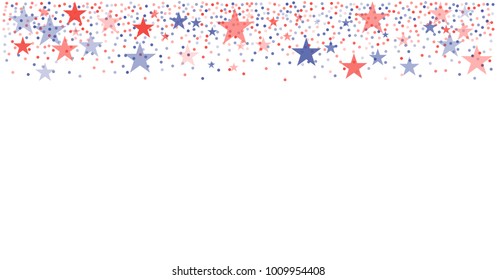 patriotic american stars confetti. USA Presidents day banner background. backdrop Vector Illustration, Blue and Red 4th of July Stars sparkles isolated on white.