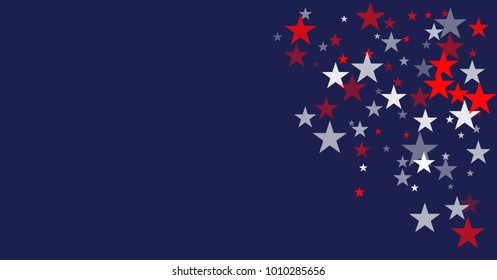 patriotic american stars confetti. USA Presidents day banner background. backdrop Vector Illustration, Blue and Red 4th of July Stars sparkles isolated on white. 