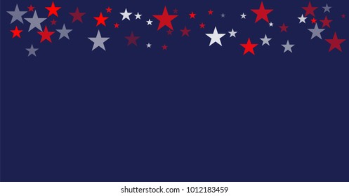 patriotic american stars confetti. USA Presidents day banner background. backdrop Vector Illustration, Blue and Red 4th of July Stars sparkles isolated on white. 