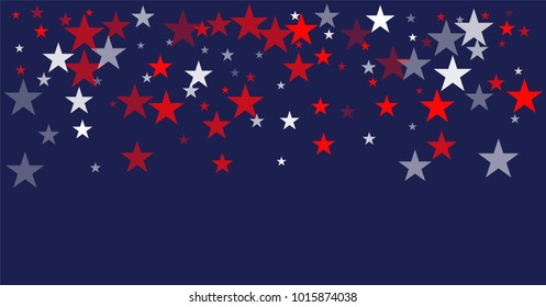 patriotic american stars confetti. USA Presidents day banner background. backdrop Vector Illustration, Blue and Red 4th of July Stars sparkles isolated on white. 