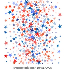 patriotic american stars confetti. USA Presidents day banner background. backdrop Vector Illustration, Blue and Red 4th of July Stars sparkles isolated on white. 