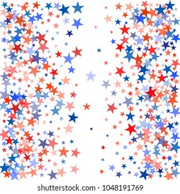 patriotic american stars confetti. USA Presidents day banner background. backdrop Vector Illustration, Blue and Red 4th of July Stars sparkles isolated on white. 