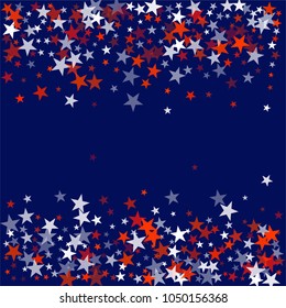 patriotic american stars confetti. USA Presidents day banner background. backdrop Vector Illustration, Blue and Red 4th of July Stars sparkles isolated on white. 