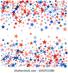 patriotic american stars confetti. USA Presidents day banner background. backdrop Vector Illustration, Blue and Red 4th of July Stars sparkles isolated on white. 