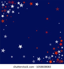 patriotic american stars confetti. USA Presidents day banner background. backdrop Vector Illustration, Blue and Red 4th of July Stars sparkles isolated on white. 