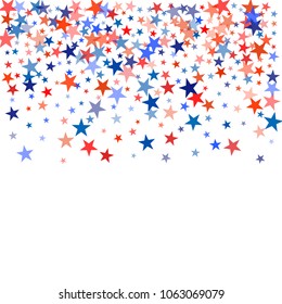 patriotic american stars confetti. USA Presidents day banner background. backdrop Vector Illustration, Blue and Red 4th of July Stars sparkles isolated on white. 