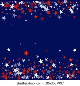 patriotic american stars confetti. USA Presidents day banner background. backdrop Vector Illustration, Blue and Red 4th of July Stars sparkles isolated on white. 