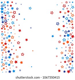 patriotic american stars confetti. USA Presidents day banner background, Blue and Red 4th of July Stars sparkles isolated on white. backdrop Vector Illustration