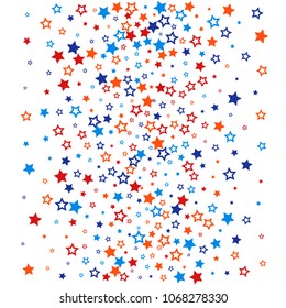 patriotic american stars confetti. USA Presidents day banner background, Blue and Red 4th of July Stars sparkles isolated on white. backdrop Vector Illustration