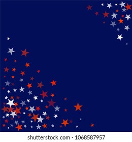 patriotic american stars confetti. USA Presidents day banner background. backdrop Vector Illustration, Blue and Red 4th of July Stars sparkles isolated on white. 