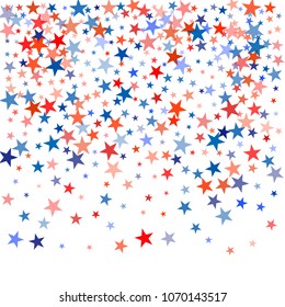 patriotic american stars confetti. USA Presidents day banner background. backdrop Vector Illustration, Blue and Red 4th of July Stars sparkles isolated on white. 