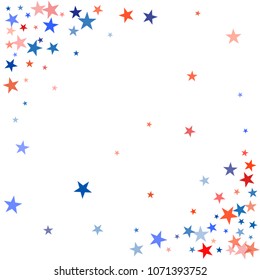 patriotic american stars confetti. USA Presidents day banner background. backdrop Vector Illustration, Blue and Red 4th of July Stars sparkles isolated on white. 