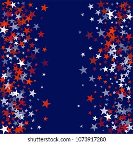 patriotic american stars confetti. USA Presidents day banner background. backdrop Vector Illustration, Blue and Red 4th of July Stars sparkles isolated on white. 