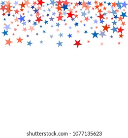 patriotic american stars confetti. USA Presidents day banner background. backdrop Vector Illustration, Blue and Red 4th of July Stars sparkles isolated on white. 