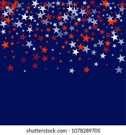 patriotic american stars confetti. USA Presidents day banner background. backdrop Vector Illustration, Blue and Red 4th of July Stars sparkles isolated on white. 